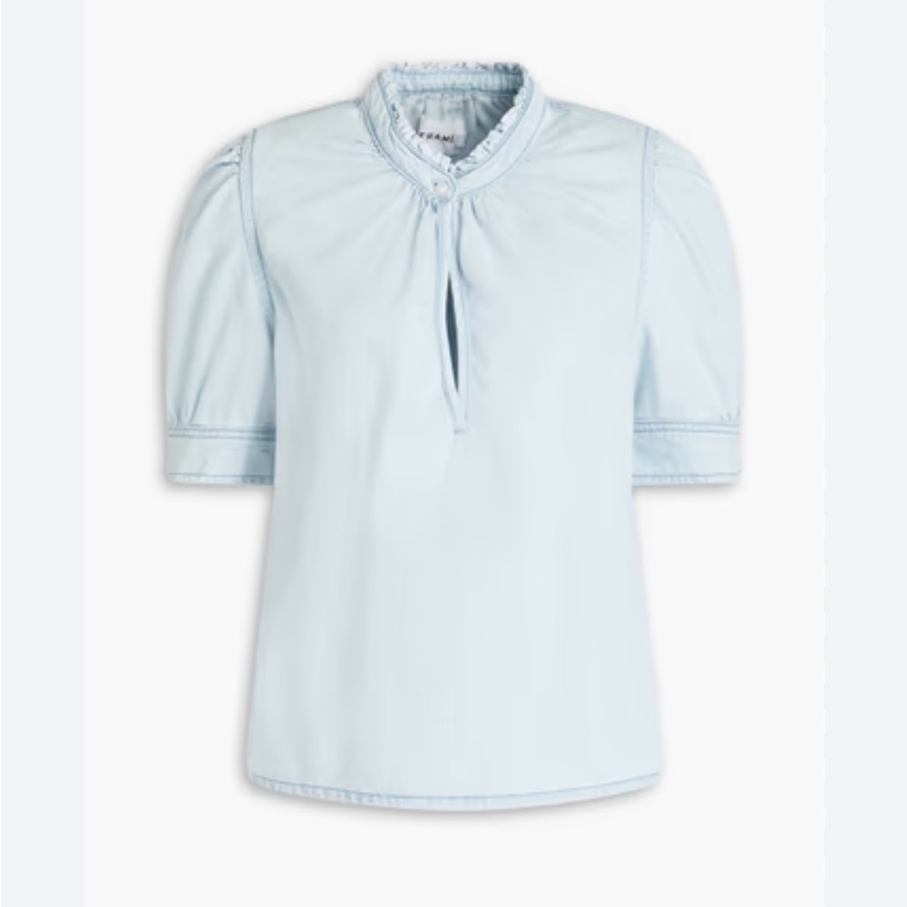 Frame Denim Light Blue Keyhole Puff-Sleeve Blouse